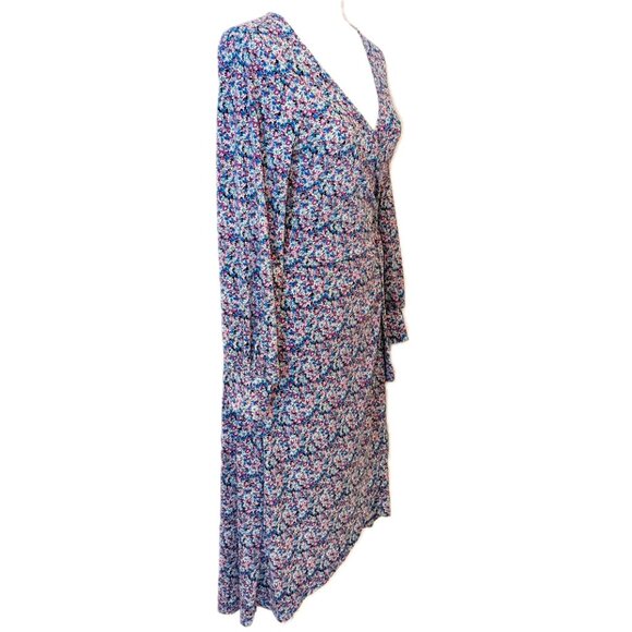 Lush | Floral Moss Crepe Long Sleeve Wrap Dress Blue Purple Multi | Size Medium - Picture 7 of 12